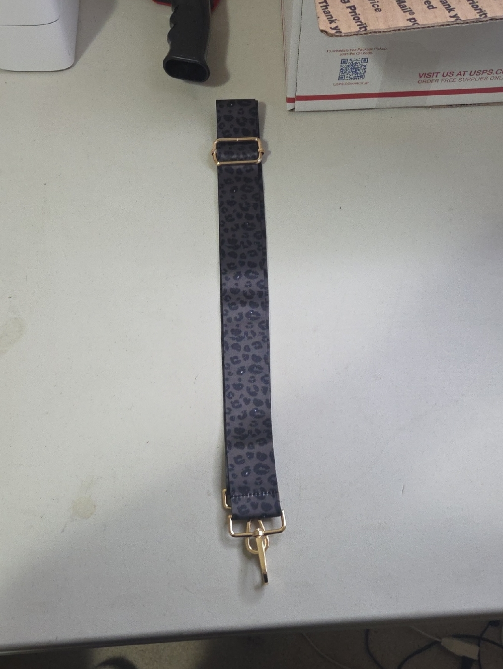 Leopard Print Key & Card Holder Strap with Gold Hardware - Gray